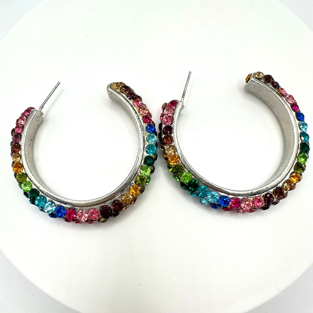 Silver tone rainbow multicolor rhinestones hoop hoops post earrings
